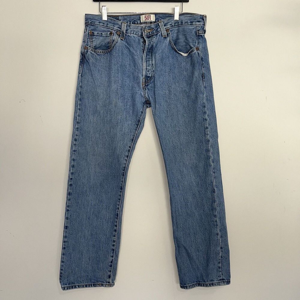 Levi 501 Button Fly Straight Leg Jeans 35 x 30 Blue Medium Wash